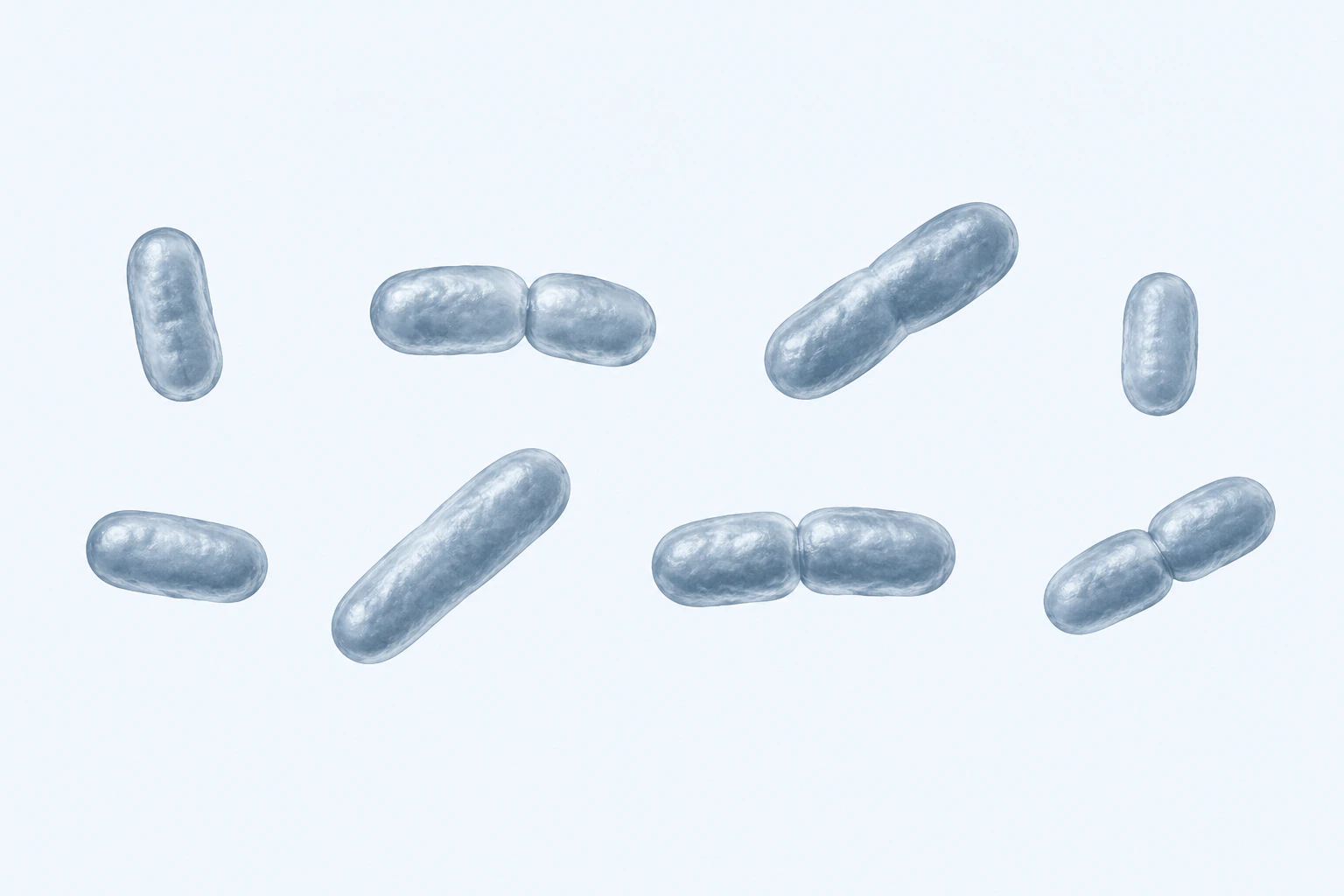 Eleven selected Phascolarctobacterium pleomorphic rods appear in eight groupings: five singles and three touching pairs.