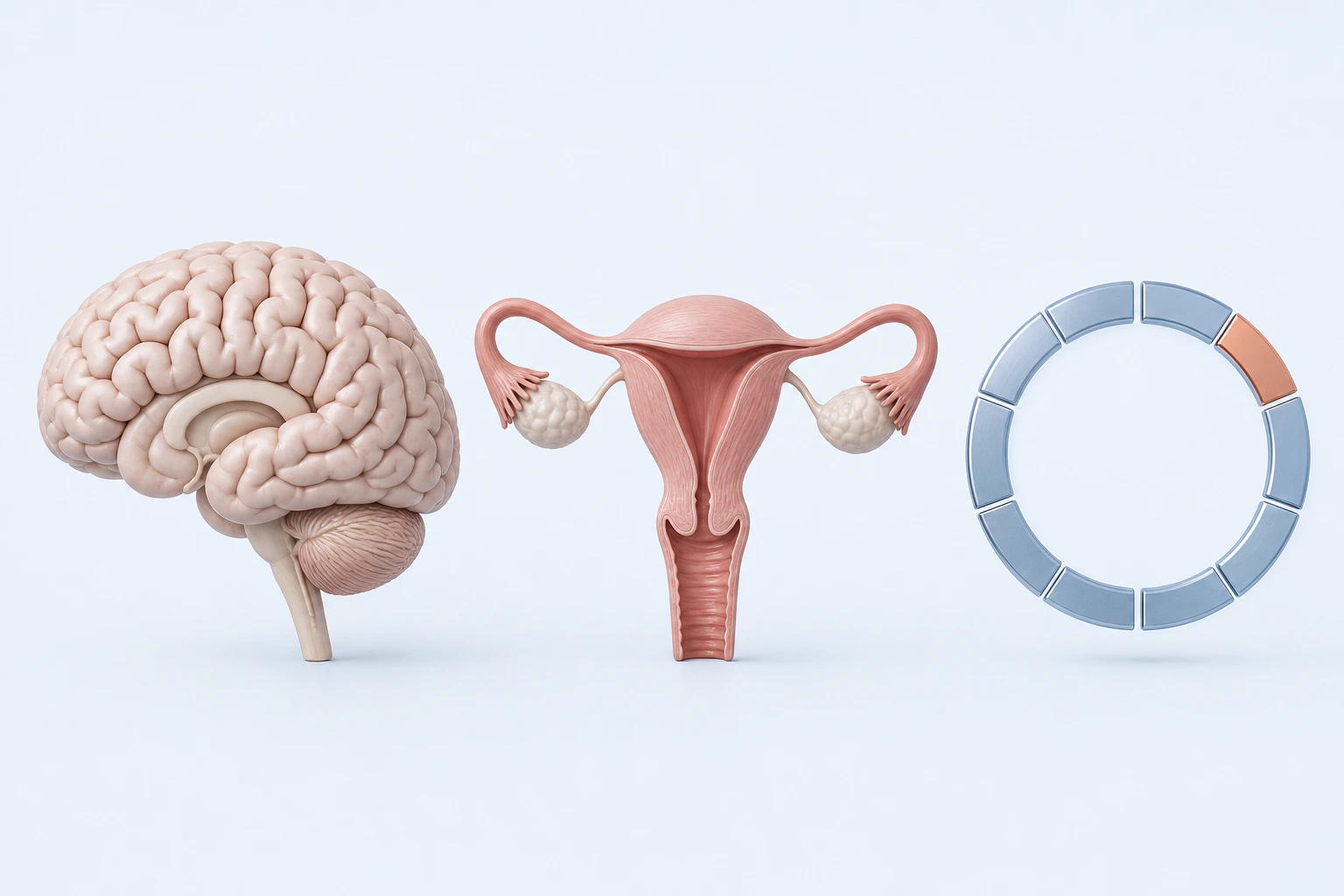 A neutral brain, reproductive anatomy, and an unnumbered cyclical ring appear separately for PMDD orientation.