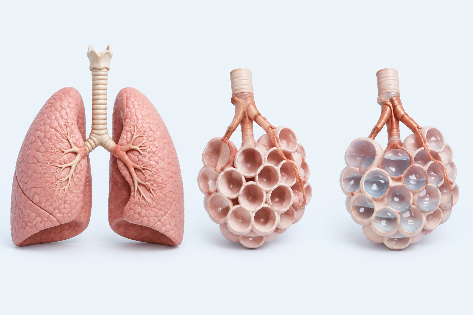 Paired lungs appear beside open alveolar sacs and comparable sacs containing pale translucent material in parts of multiple air spaces.