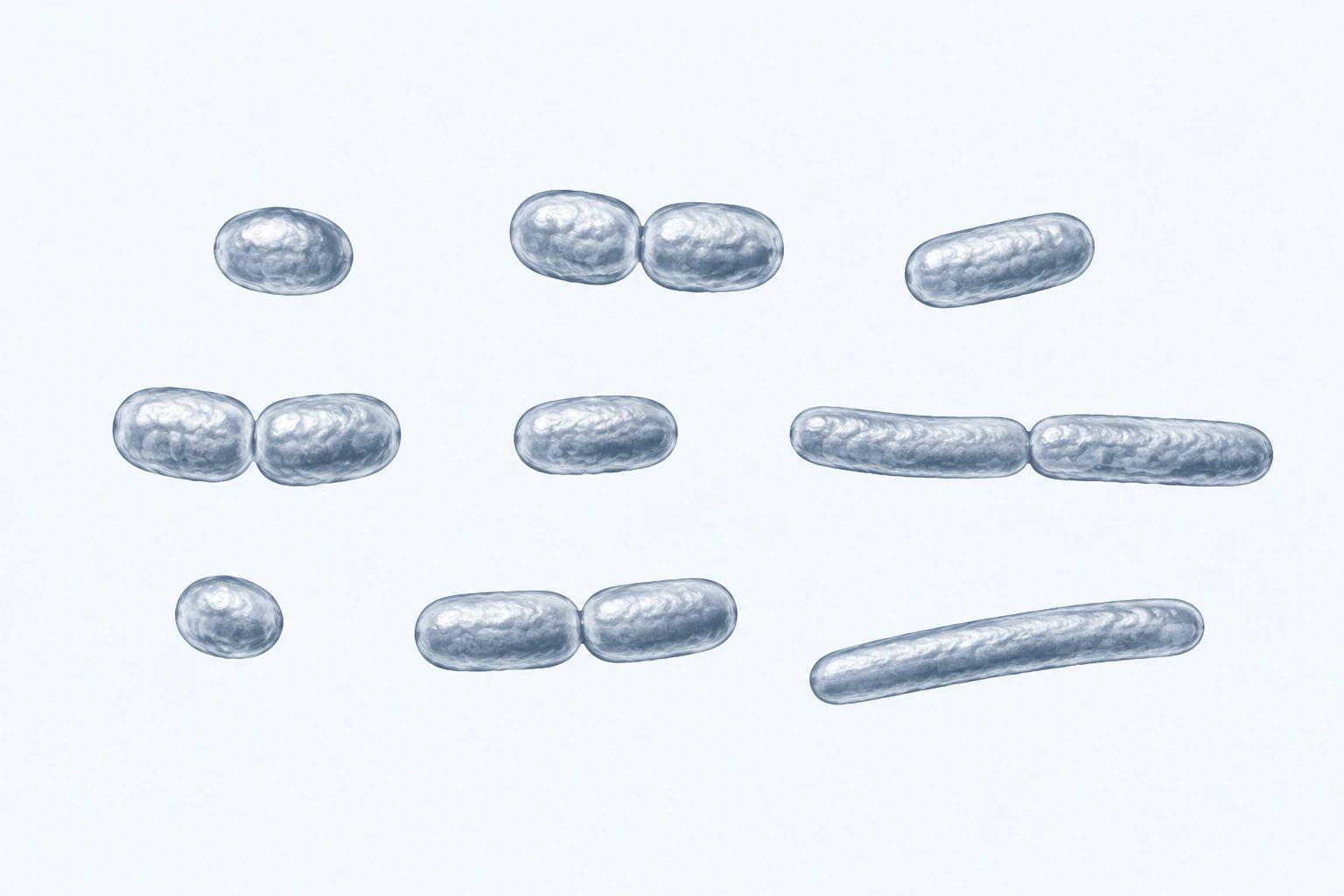 Thirteen selected Prevotellaceae descendant forms appear in nine groups: five singles and four touching pairs, from compact coccobacilli to longer rounded rods.