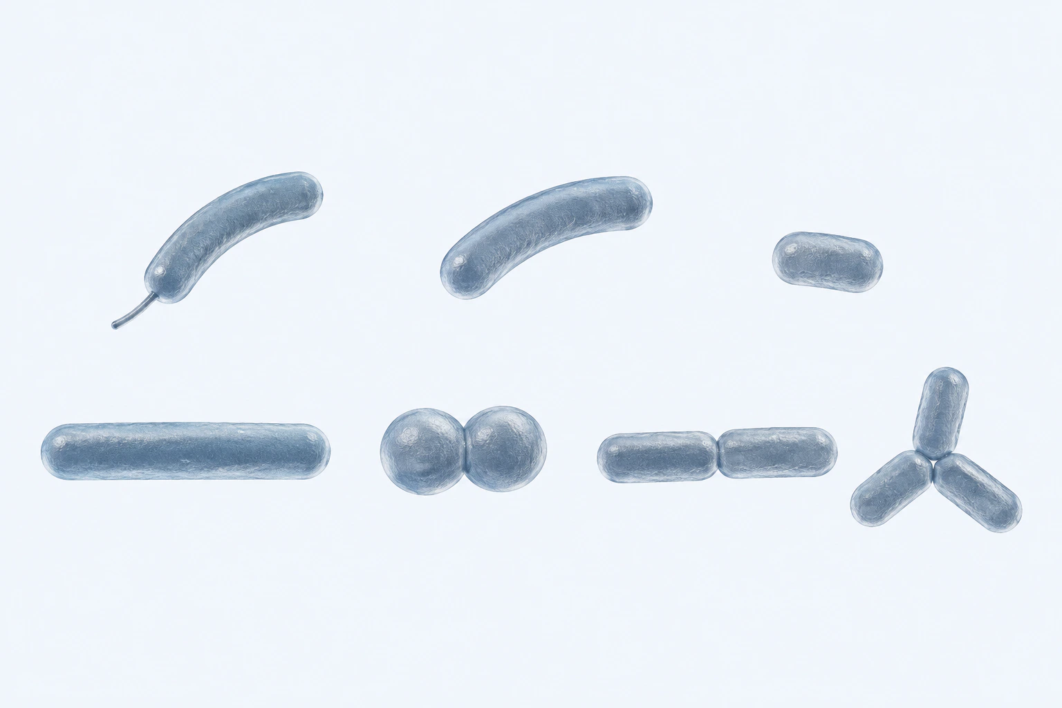 Eleven selected Pseudomonadota descendant forms appear in seven groups, including one stalked curved rod, other rods, a coccoid pair, and a three-rod rosette.