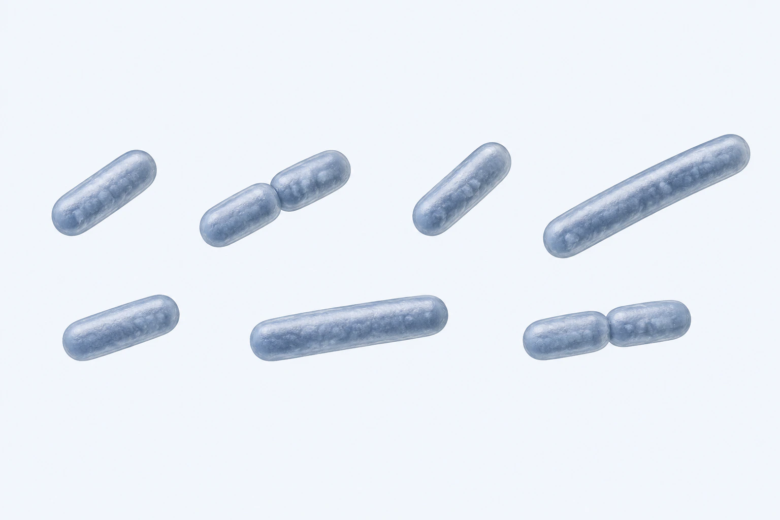 Nine Proteus mirabilis rods appear in seven groups: five singles and two touching pairs, including two modestly elongated single rods.