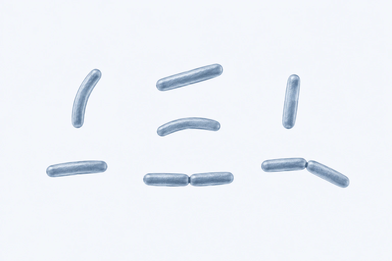 Nine slender Pseudomonas rods appear in seven groups: five singles and two touching pairs, with straight-to-gently-curved forms.