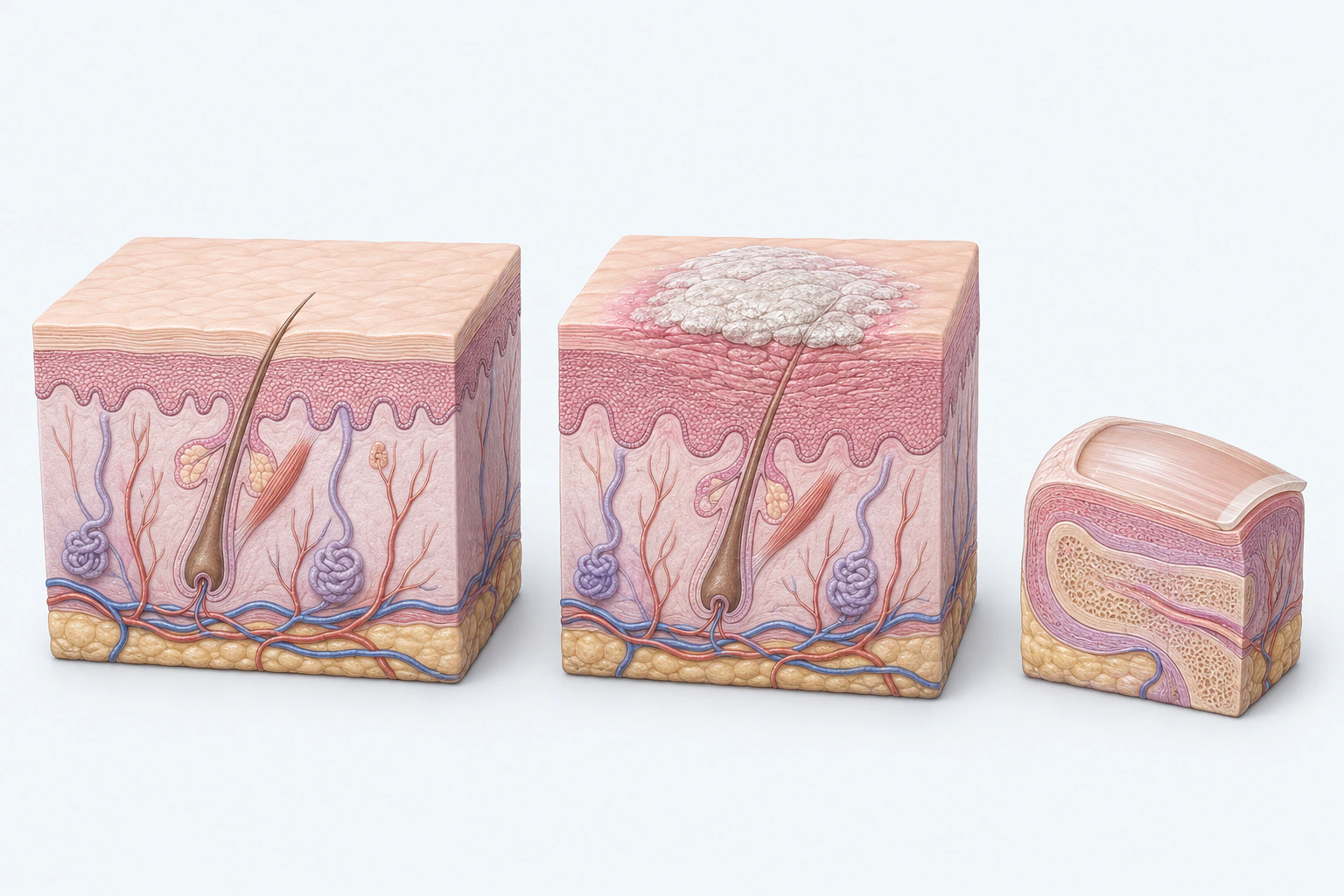 Layered skin models, one with a bounded pale scaly plaque, and a neutral nail-unit cutaway appear separately.