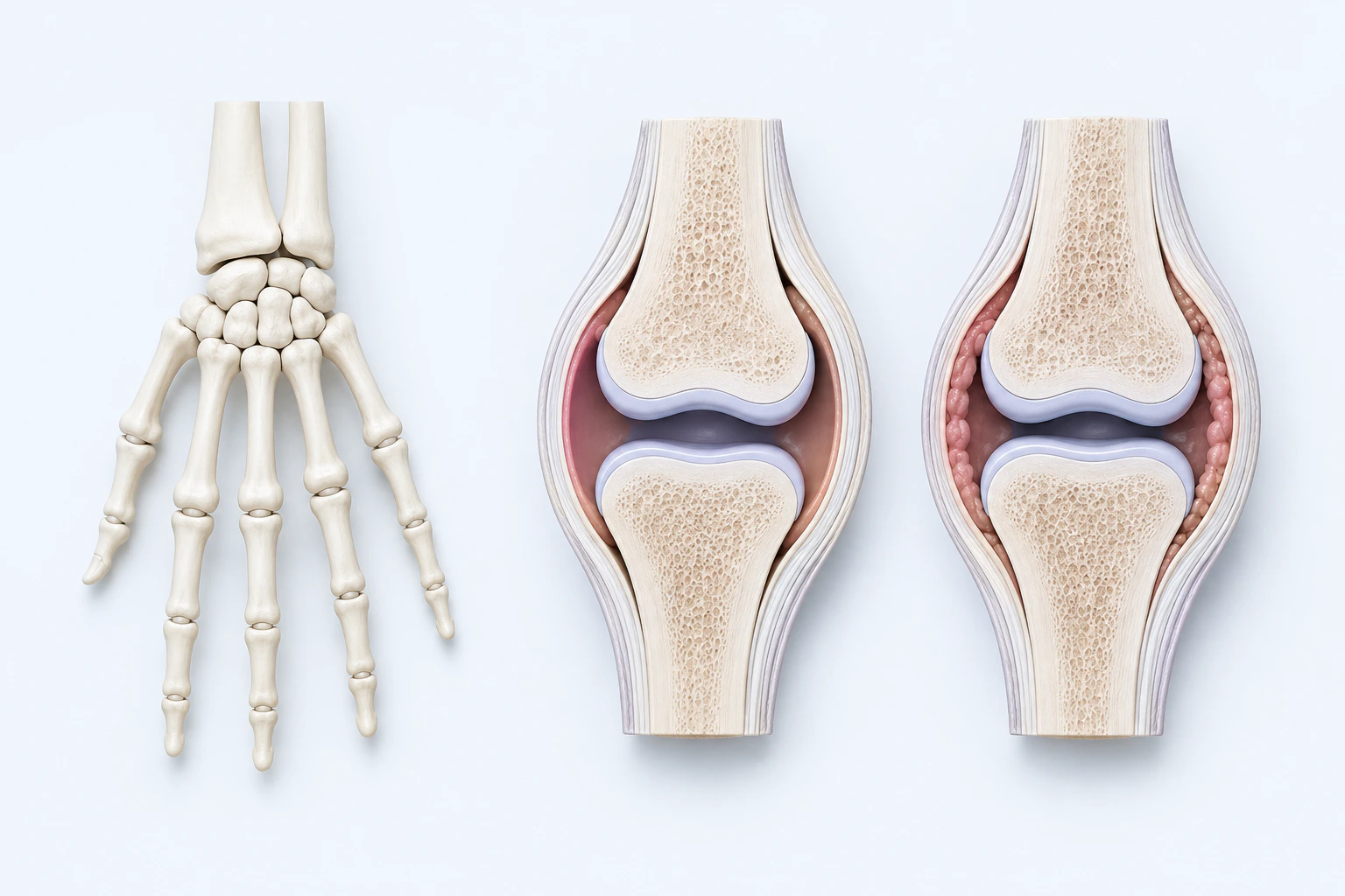 Neutral wrist and hand bones appear beside two generic synovial-joint cutaways, one with bounded lining thickening.