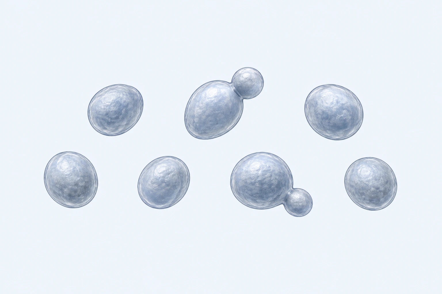 Nine selected Saccharomyces cerevisiae yeast bodies appear in seven groups: five singles and two budding pairs.
