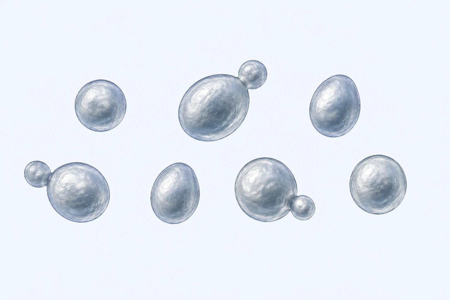 Ten selected Saccharomyces yeast bodies appear in seven groups: four singles and three budding pairs.