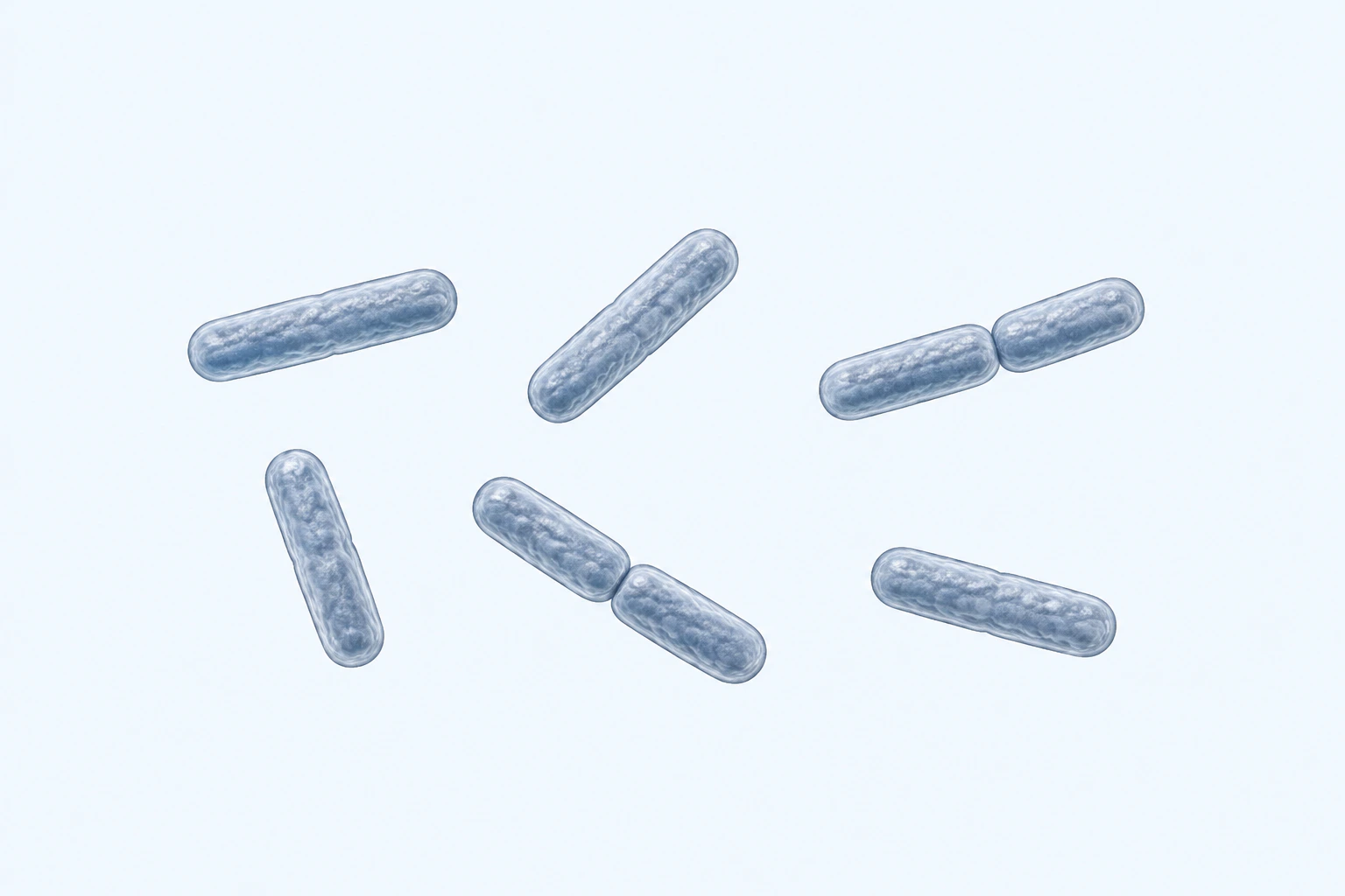 Eight selected Salmonella enterica serovar Typhimurium rods appear in six groups: four singles and two touching pairs.
