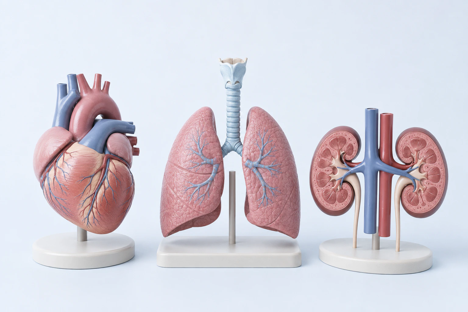 Neutral heart, paired-lung, and paired-kidney teaching models appear as three complete supported groups.