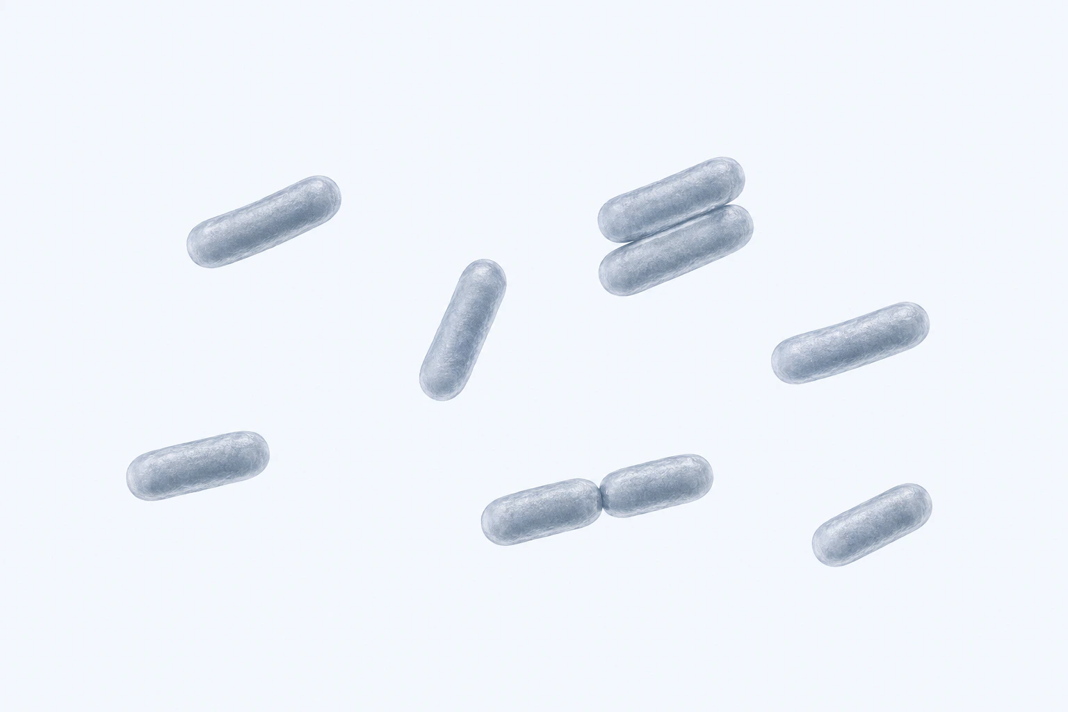 Nine selected Serratia rods appear in seven groups: five singles and two touching pairs.