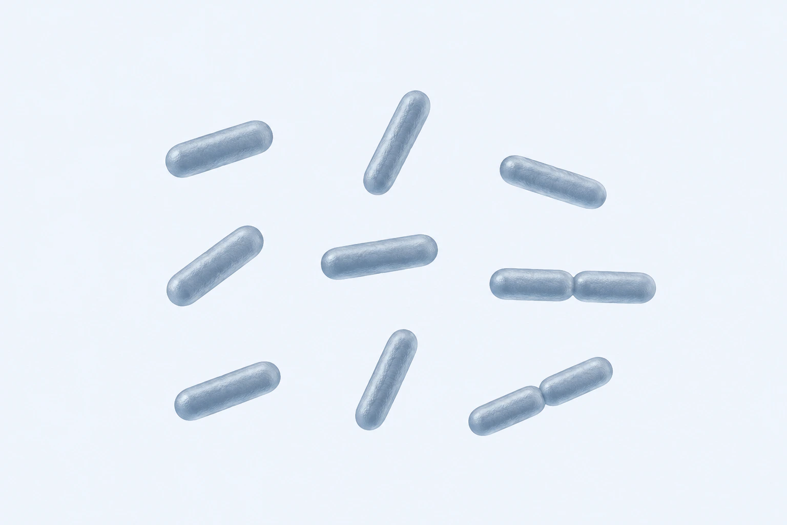 Eleven selected Shigella rods appear in nine groups: seven singles and two touching pairs.