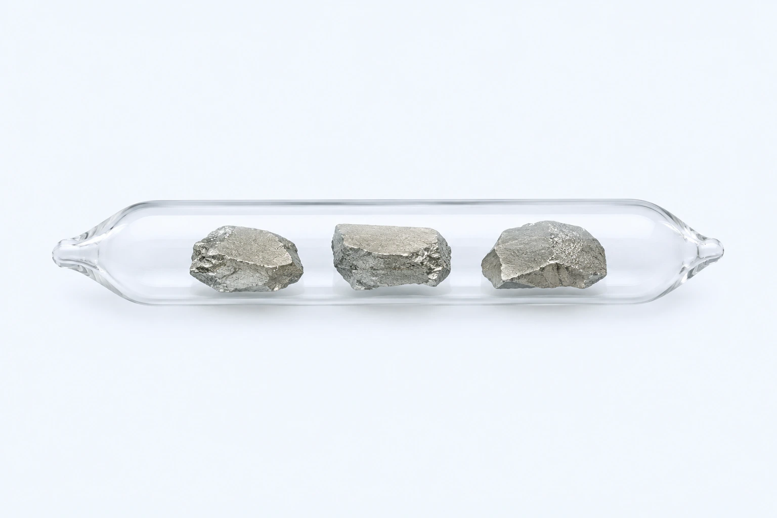 A sealed clear ampoule containing three pale silvery elemental strontium specimens.