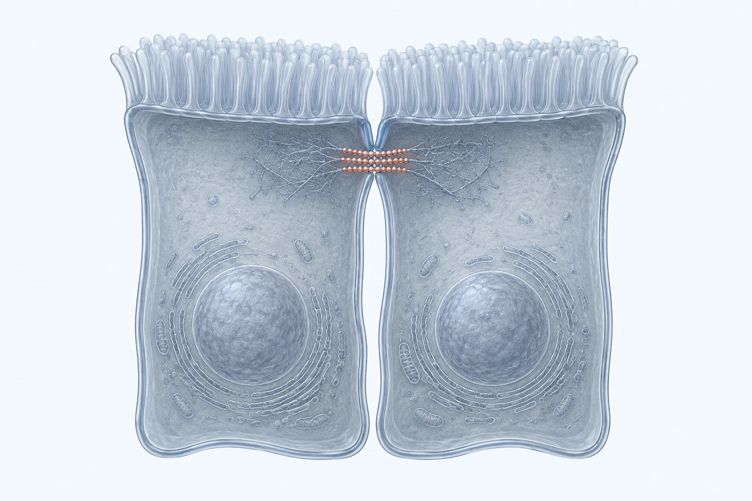 Two adjacent epithelial-cell teaching models meet at one narrow apical sealing band with sparse submembrane scaffold meshes below.