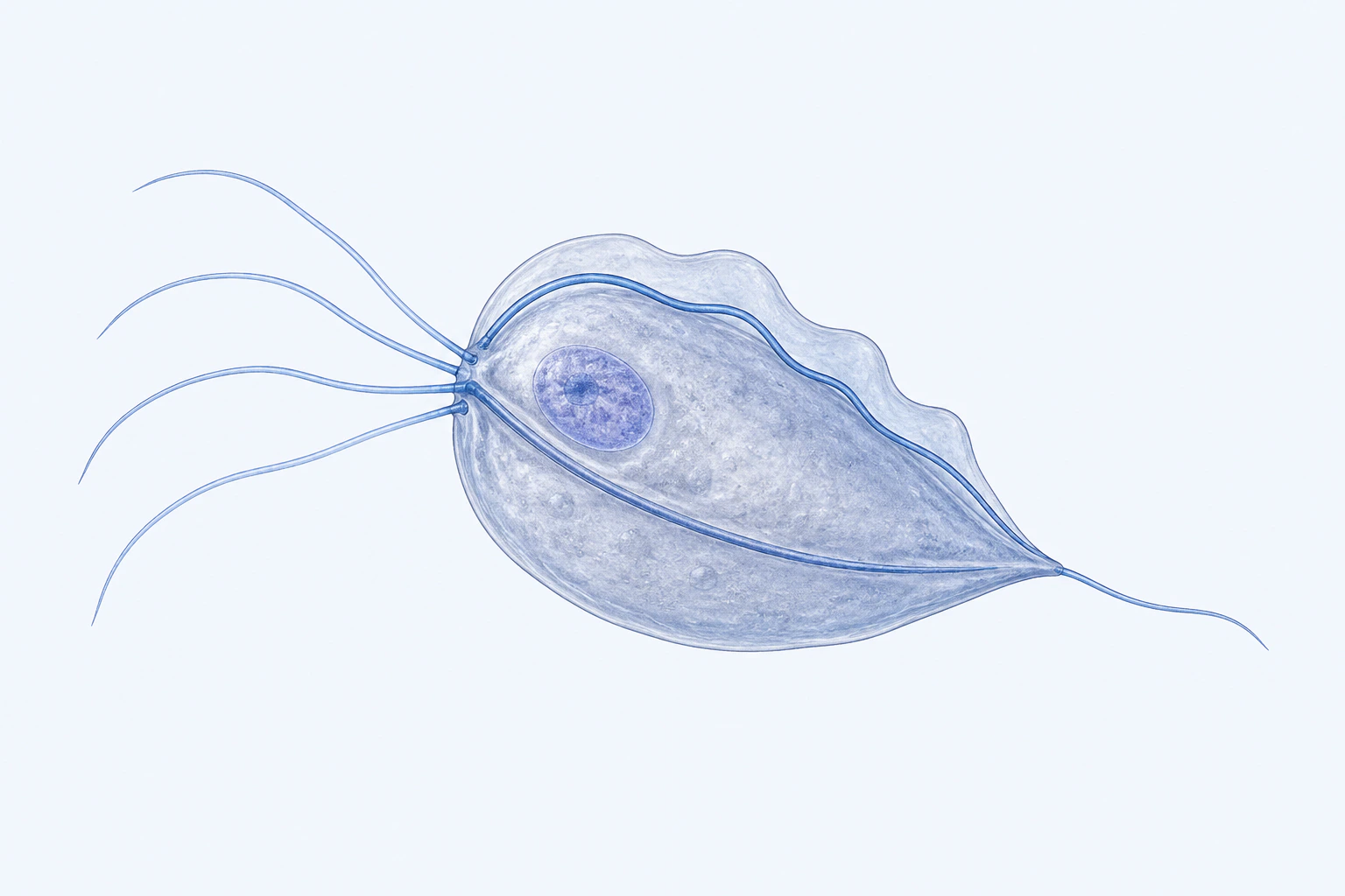 A selected pear-shaped Trichomonas vaginalis trophozoite has four anterior flagella and one recurrent flagellum along an undulating membrane.