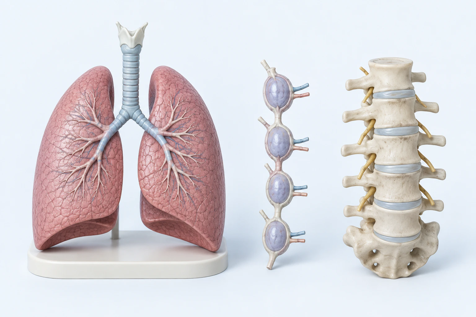 Paired lungs, four generic node-like forms, and a lumbar-spine segment appear as separate intact teaching models.