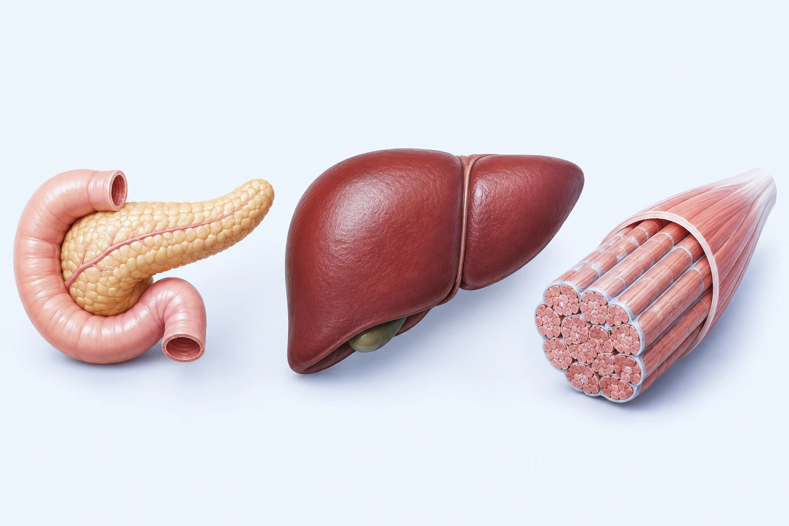 Pancreas and duodenum, an intact liver, and a skeletal-muscle fascicle appear as separate neutral teaching models.