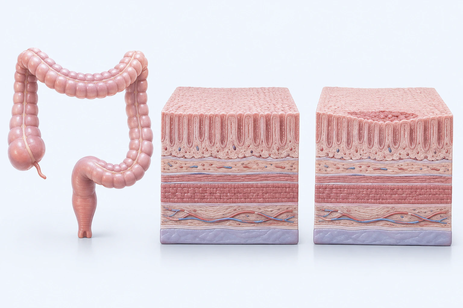 Colon anatomy and two layered bowel-wall models appear separately; one block has a shallow bounded surface depression.