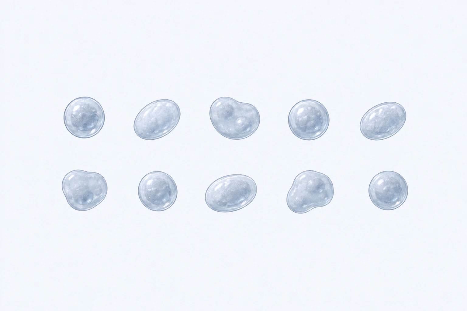 Ten selected Ureaplasma urealyticum cells in two rows show rounded, ovoid, and softly irregular forms.