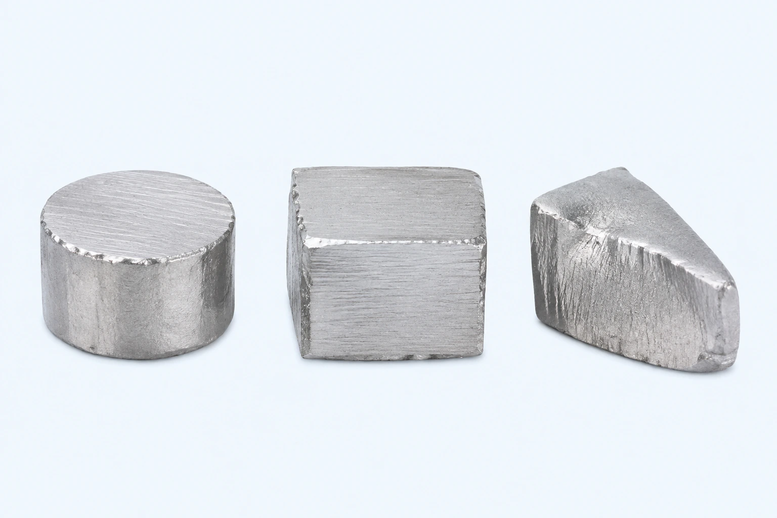Three elemental vanadium specimens with bright pale-silver cut and worked surfaces.