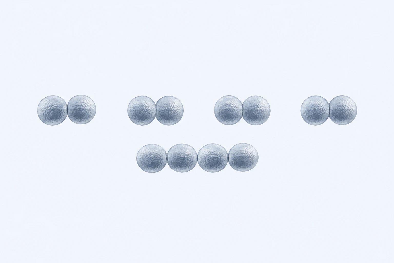 Twelve selected Veillonella cocci arranged as four pairs and one short chain of four.