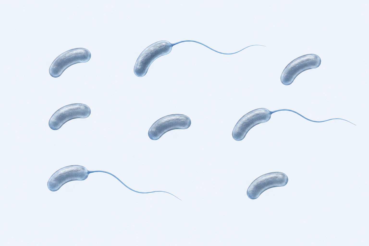 Eight selected Vibrio curved rods, three with one single polar flagellum.