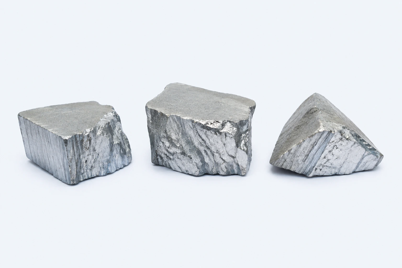 Three bluish-gray elemental zinc specimens with bright angular brittle-looking fracture faces.